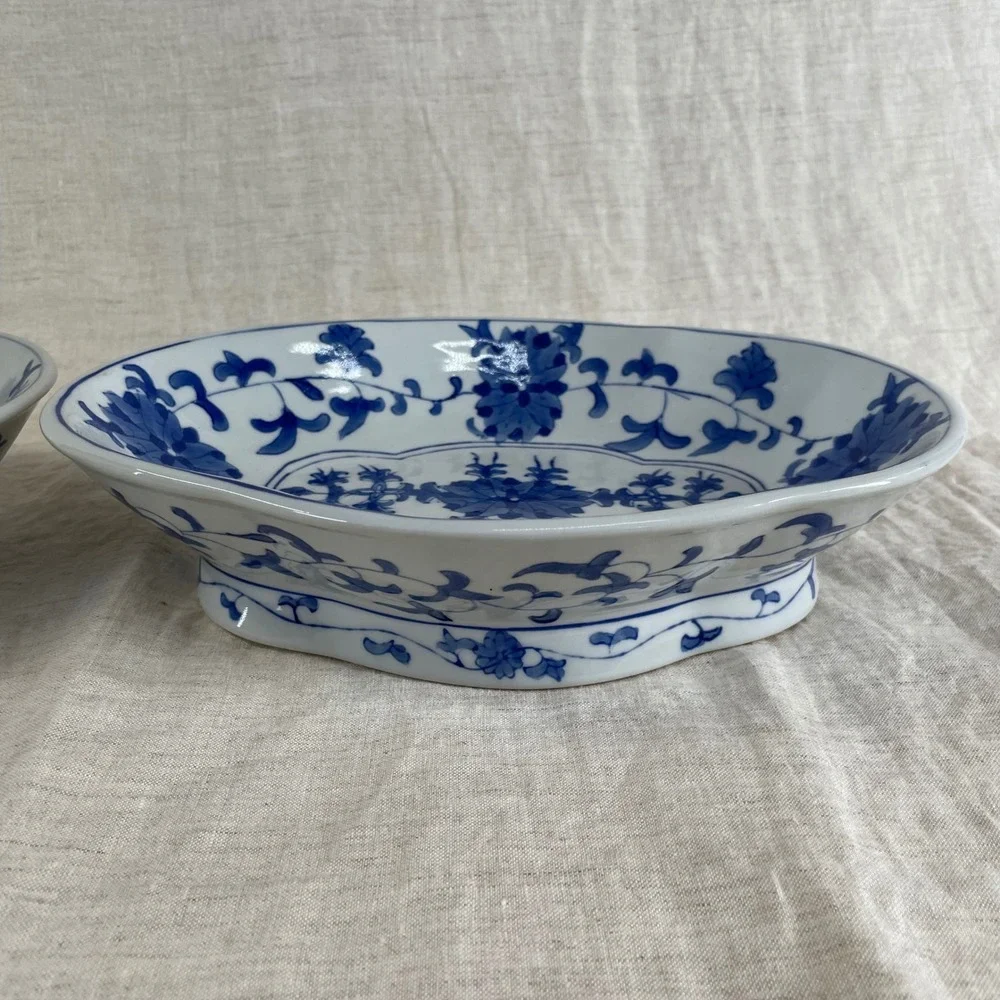 Pair Vintage Blue White Asian Style Footed Bowls Chinoiserie Decor